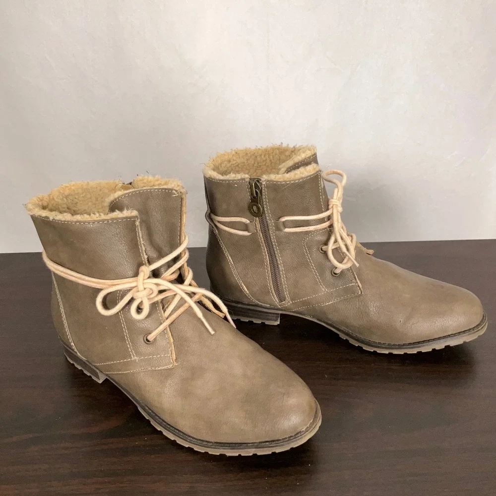 Sporto Ankle Boots Women 9 Olive Green Faux Shearling Lined Lace Up Zip Casual